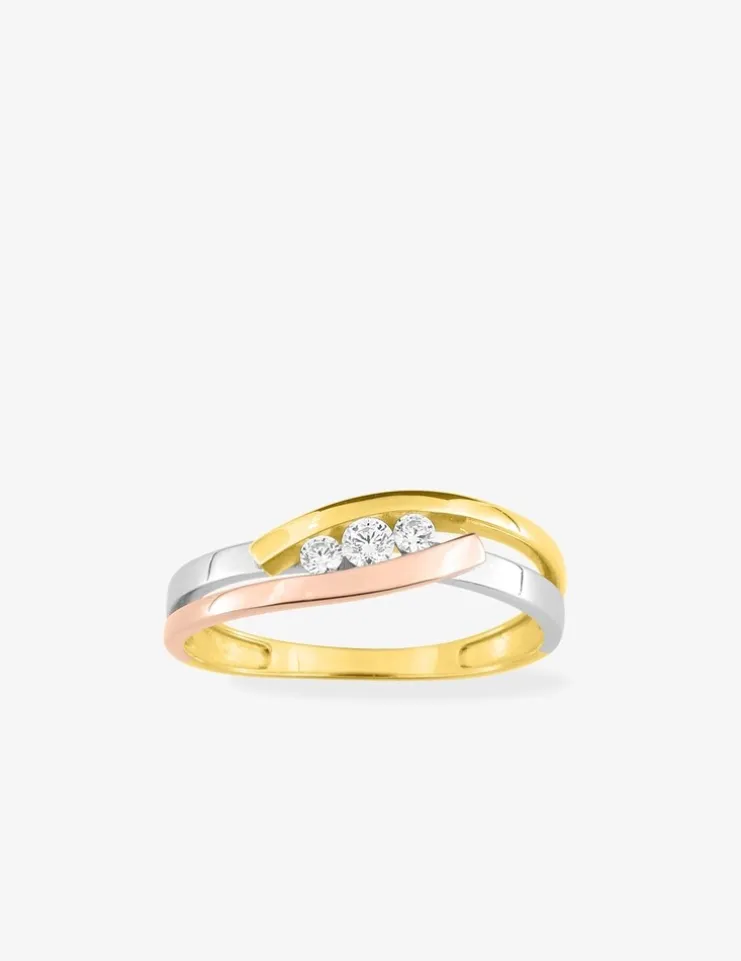 Bague trilogie tricolore or 375‰ et oxydes de zirconium SO OR
