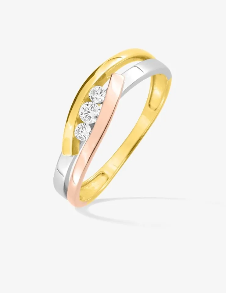 Bague trilogie tricolore or 375‰ et oxydes de zirconium SO OR