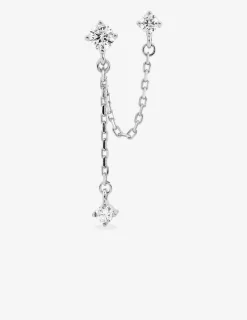 Boucle d'oreille double trous à l'unité en argent 925 ‰ rhodié, trois oxydes de zirconium SO OR