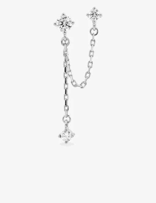 Boucle d'oreille double trous à l'unité en argent 925 ‰ rhodié, trois oxydes de zirconium SO OR