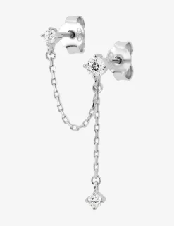 Boucle d'oreille double trous à l'unité en argent 925 ‰ rhodié, trois oxydes de zirconium SO OR