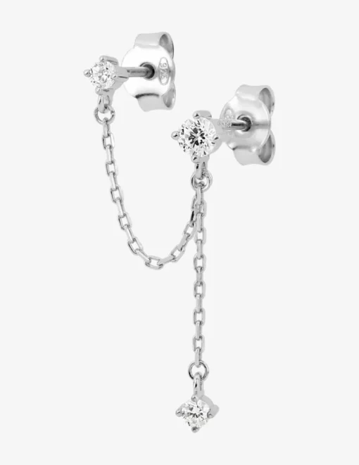 Boucle d'oreille double trous à l'unité en argent 925 ‰ rhodié, trois oxydes de zirconium SO OR