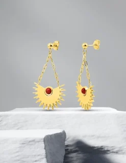 Boucles d'oreilles acier doré avec turquoise rouge et petite chaine SO OR
