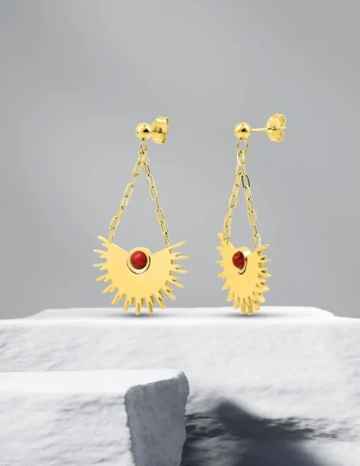 Boucles d'oreilles acier doré avec turquoise rouge et petite chaine SO OR