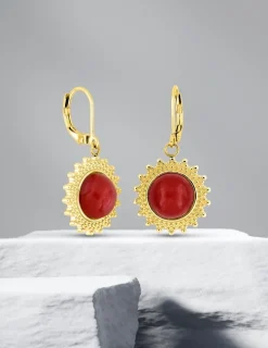 Boucles d'oreilles acier doré brisure et agate rouge SO OR