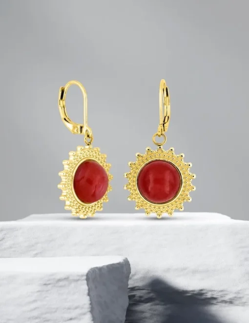 Boucles d'oreilles acier doré brisure et agate rouge SO OR