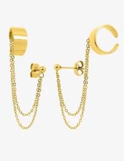 Boucles d'oreilles acier doré double chaine et anneau SO OR
