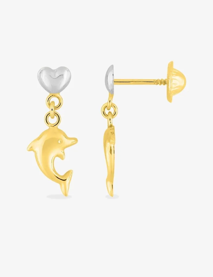 Boucles d'oreilles bicolores cœur et dauphin or 750‰ SO OR