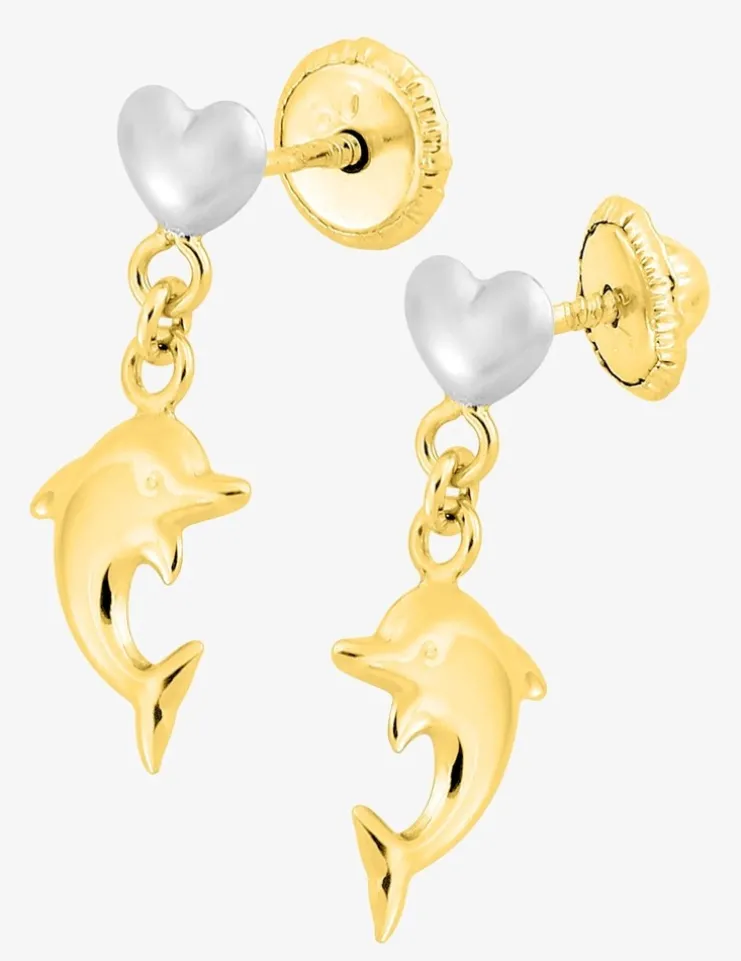Boucles d'oreilles bicolores cœur et dauphin or 750‰ SO OR