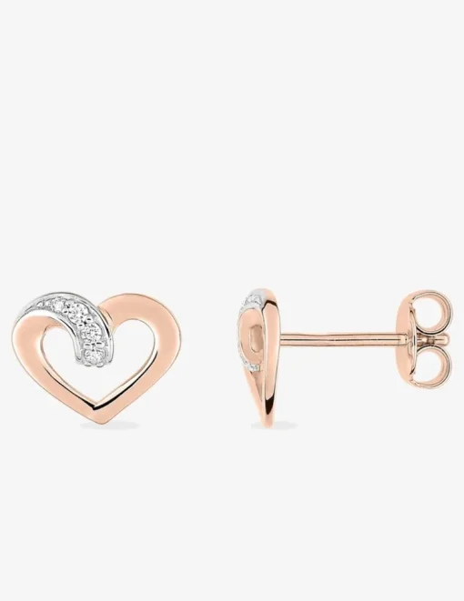 Boucles d'oreilles clous cœur bicolore plaqué or rose, rhodium et oxyde de zirconium SO OR