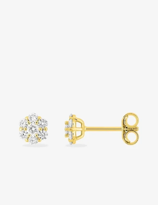 Boucles d'oreilles clous en or jaune 375 ‰, sept diamants synthétiques 0,30 ct SO OR