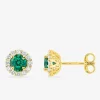 Boucles d'oreilles clous en or jaune 375 ‰, émeraude et diamants synthétiques 0,26 ct SO OR