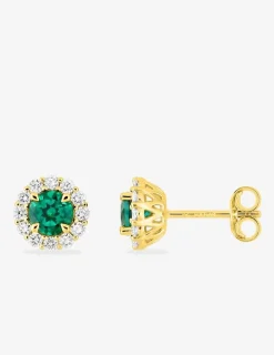 Boucles d'oreilles clous en or jaune 375 ‰, émeraude et diamants synthétiques 0,26 ct SO OR