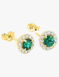 Boucles d'oreilles clous en or jaune 375 ‰, émeraude et diamants synthétiques 0,26 ct SO OR