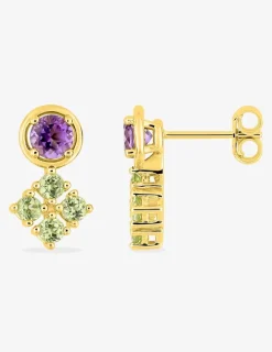 Boucles d'oreilles clous en or jaune 750 ‰, améthyste et péridot SO OR