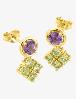Boucles d'oreilles clous en or jaune 750 ‰, améthyste et péridot SO OR