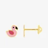 Boucles d'oreilles clous flamant rose or jaune 750 ‰ et laque SO OR