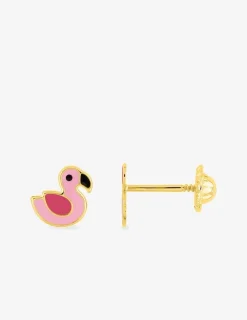 Boucles d'oreilles clous flamant rose or jaune 750 ‰ et laque SO OR