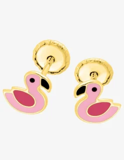 Boucles d'oreilles clous flamant rose or jaune 750 ‰ et laque SO OR
