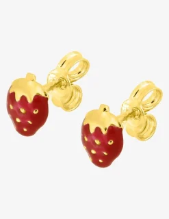 Boucles d'oreilles clous fraise plaqué or et laque rouge SO OR