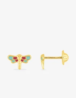 Boucles d'oreilles clous libellule or jaune 750 ‰ et laque colorée SO OR