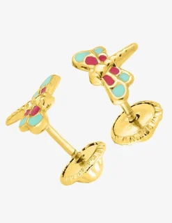 Boucles d'oreilles clous libellule or jaune 750 ‰ et laque colorée SO OR
