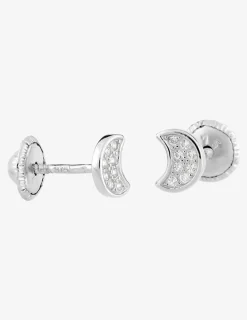 Boucles d'oreilles clous motif lune or blanc 375 ‰, oxydes de zirconium SO OR