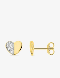 Boucles d'oreilles clous motif cœur or jaune 375 ‰, rhodium et oxydes de zirconium SO OR