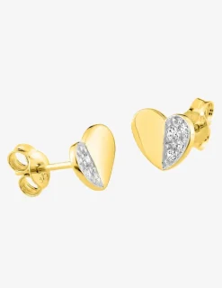 Boucles d'oreilles clous motif cœur or jaune 375 ‰, rhodium et oxydes de zirconium SO OR