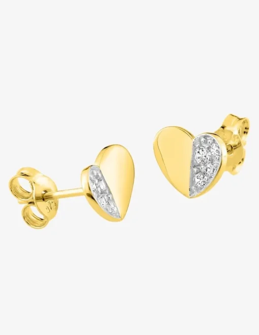 Boucles d'oreilles clous motif cœur or jaune 375 ‰, rhodium et oxydes de zirconium SO OR
