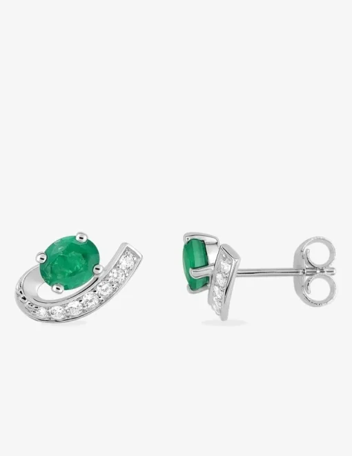 Boucles d'oreilles clous or blanc 375‰, émeraude et oxyde de zirconium SO OR