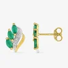 Boucles d'oreilles clous or jaune 750 ‰, émeraude en trio et rhodium SO OR