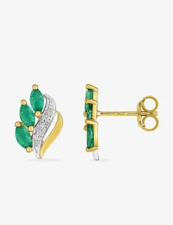 Boucles d'oreilles clous or jaune 750 ‰, émeraude en trio et rhodium SO OR