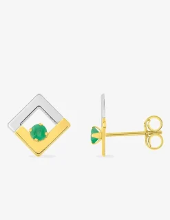 Boucles d'oreilles clous or jaune 750 ‰, émeraude, rhodium SO OR