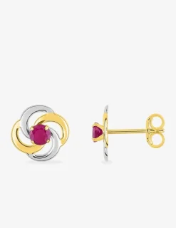 Boucles d'oreilles clous or jaune 750 ‰, rubis et rhodium SO OR