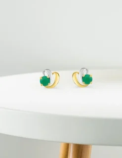 Boucles d'oreilles clous or jaune 750 ‰, émeraude et finition rhodium SO OR