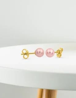 Boucles d'oreilles clous or jaune 750 ‰, perle de culture d'eau douce rose 5 mm SO OR