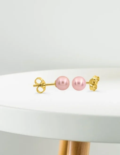 Boucles d'oreilles clous or jaune 750 ‰, perle de culture d'eau douce rose 5 mm SO OR