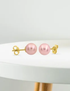 Boucles d'oreilles clous or jaune 750 ‰, perle de culture d'eau douce rose SO OR