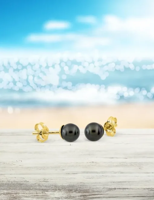 Boucles d'oreilles clous or jaune 750 ‰, perle de culture d'eau douce noire SO OR
