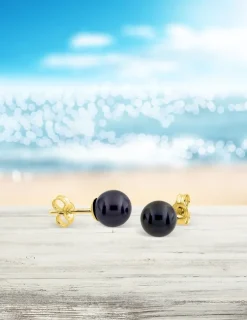 Boucles d'oreilles clous or jaune 750 ‰, perle de culture d'eau douce noire 6 mm SO OR