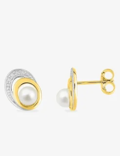 Boucles d'oreilles clous or jaune 375 ‰, rhodium et perle de culture d'eau douce 4 mm SO OR