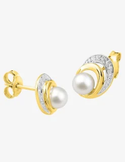 Boucles d'oreilles clous or jaune 375 ‰, rhodium et perle de culture d'eau douce 4 mm SO OR