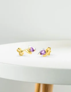 Boucles d'oreilles clous or jaune 750 ‰, améthyste et rhodium SO OR
