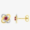 Boucles d'oreilles clous or jaune 375 ‰, rhodium et rubis serti griffes SO OR