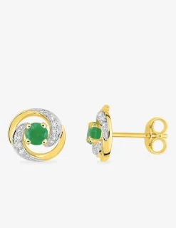 Boucles d'oreilles clous or jaune 375 ‰, rhodium, émeraude, oxyde de zirconium SO OR