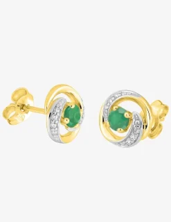 Boucles d'oreilles clous or jaune 375 ‰, rhodium, émeraude, oxyde de zirconium SO OR