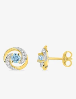 Boucles d'oreilles clous or jaune 375 ‰, topaze bleue traitée, rhodium et oxyde de zirconium SO OR