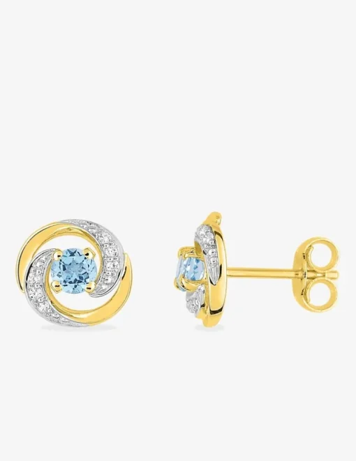 Boucles d'oreilles clous or jaune 375 ‰, topaze bleue traitée, rhodium et oxyde de zirconium SO OR