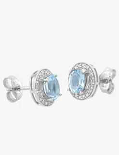 Boucles d'oreilles clous or blanc 375 ‰, topaze bleue traitée et oxyde de zirconium SO OR